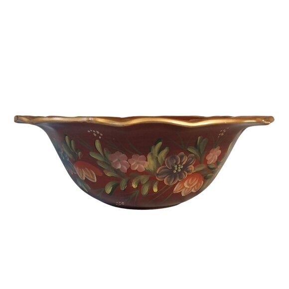 Maroon Tole Style Hand Painted Ceramic Bowl - Picture 3 of 9